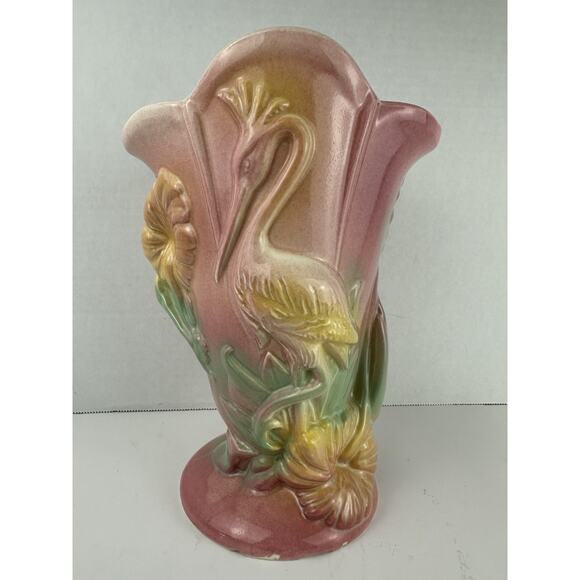 VTG Hull Pink/Yellow 9" Pottery USA 85 Bird Crane Hibiscus Flower Vase - Picture 1 of 7